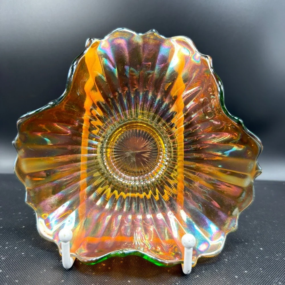 Vintage Carnival Glass Bowl Tri Corner Ruffled‎ Fluted Marigold Iridescent Green